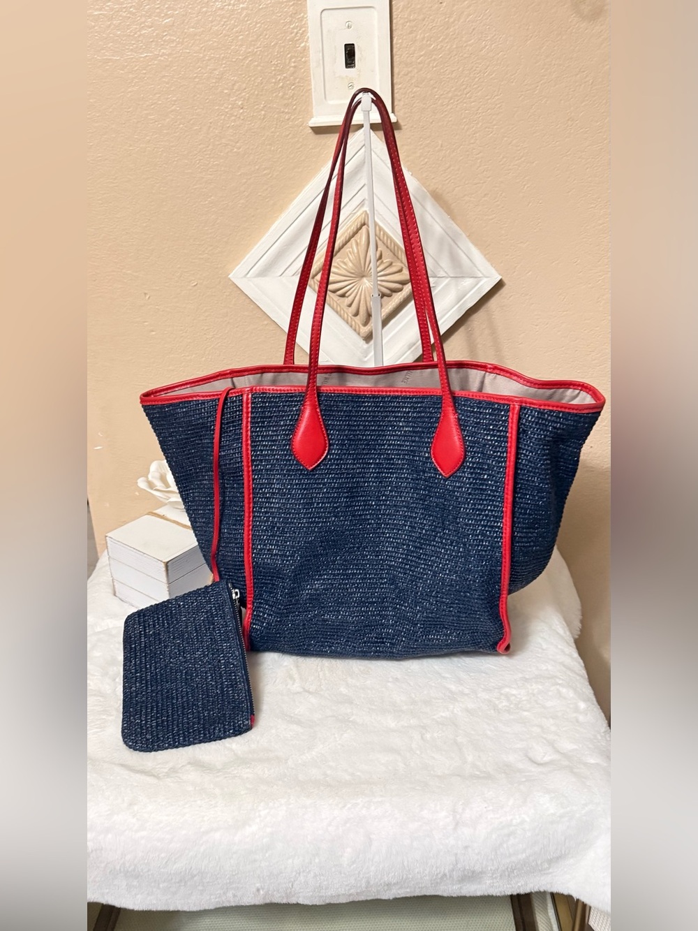 MZ Wallace Navy Straw Tote with Red Trim - Picture 1 of 10